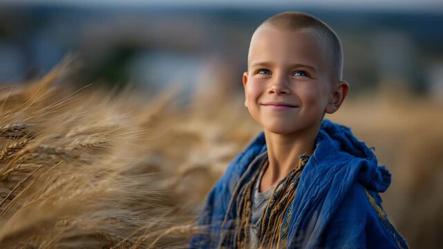 Close-up of a cheerful hairless child in a golden field, gentle wind moves the wheat, his expression radiates hope and positivity despite medical challenges
