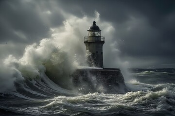 Lighthouse stands firm against violent storm waves. Symbol of strength, guidance, resilience and hope in adversity.