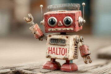 A charming close-up of a vintage toy robot with a weathered and rusty appearance, adding character.