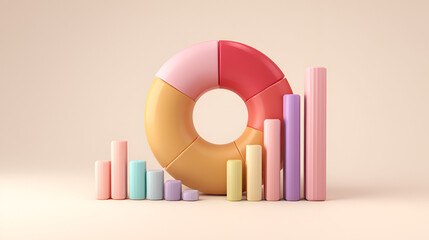 Vibrant 3D pie chart and bar graph in pastel colors.