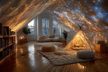 A cozy attic room transformed into a magical retreat with a star-projected ceiling and whimsical teepee tent.