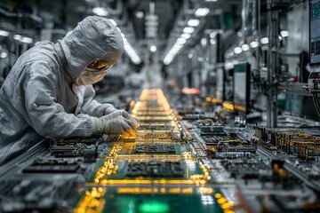 A technician in a clean suit assembles microchips in a sterile environment, showcasing advanced electronics manufacturing.