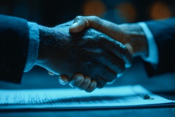 A business handshake symbolizes an agreement, partnership, and successful cooperation between two individuals under a deep blue, serious atmosphere.
