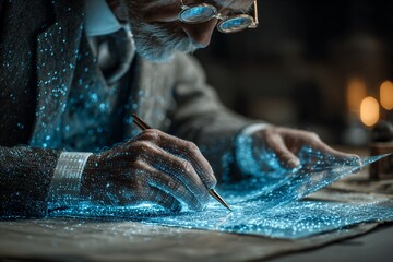 An elderly man with glasses, meticulously studying a futuristic map with glowing blue digital data.
