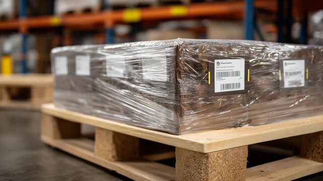 Close-up of pallet corners showing clear wrapping and tightly packed food items, labels visible, highlighting industrial storage standards