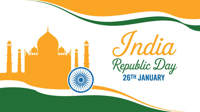 India republic day 26th january celebration banner with tricolor wave ashoka chakra and monument silhouette, patriotic national holiday design