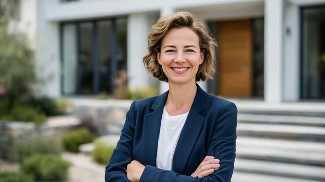 Confident American woman real estate agent in professional attire stands in front of a modern suburban home, smiling warmly, ready to greet potential buyers