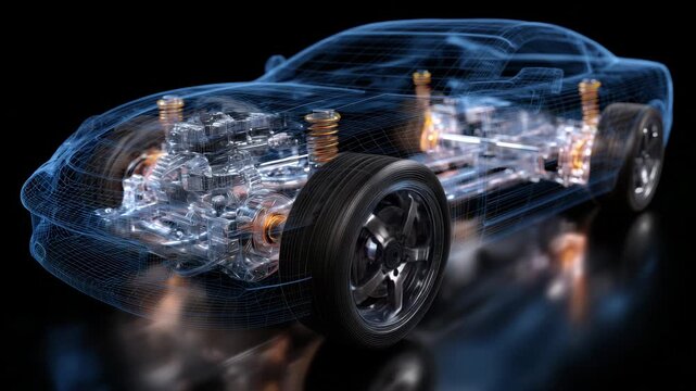 Detailed vector wireframe diagram of an automotive robotic assembly station, floating transparent layers showing tires, engine, suspension, and body shell in isolated structural se