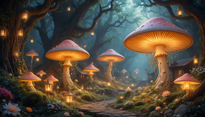 Smooth Colorful Mushroom Fantasy World with Warm Lights