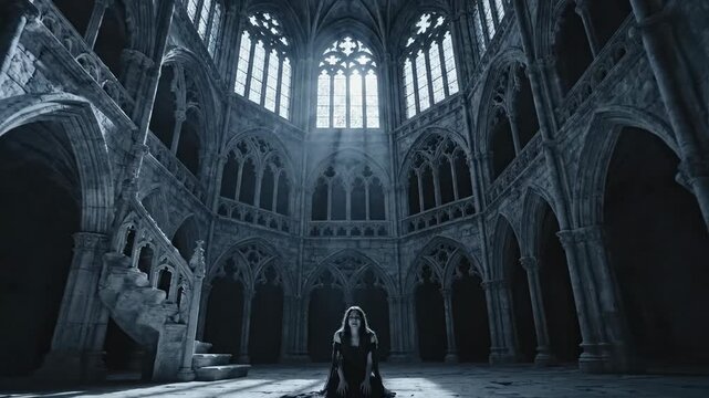 A woman kneels in a grand, gothic cathedral, bathed in ethereal light.
