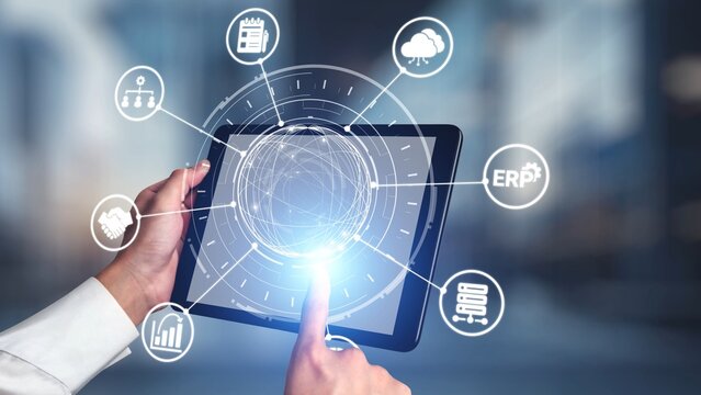 ERP icons show management, integration, and business process. ERP supports data management, ERP efficiency, and ERP organizational solutions. Gist - Powered by Adobe