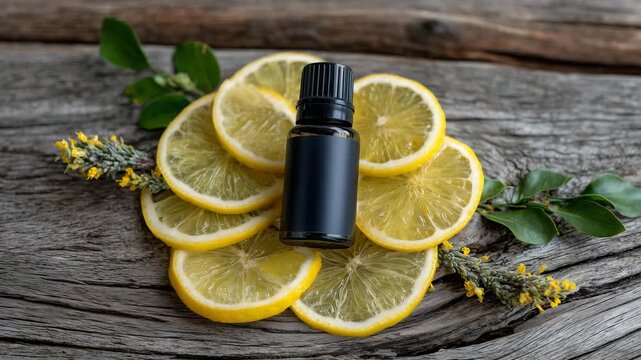 Elegant natural scene of lemon slices arranged in a circular pattern around a vintage essential oil bottle, showcased on a gray-brown rustic wooden surface with subtle cinematic sh