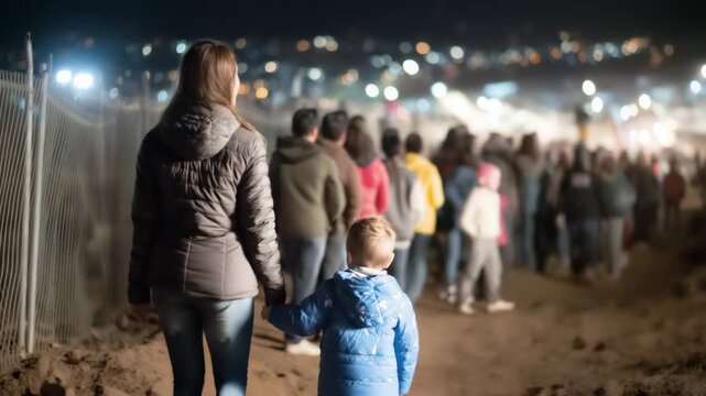 Endless line of refugees captured from behind, the woman guiding her child forward, their silhouettes merging with the crowd as they approach a distant, guarded crossing illuminate
