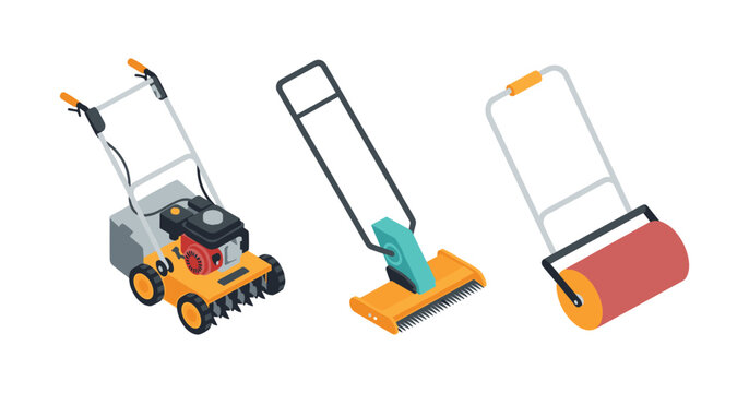 Set of three lawn care tools including lawn scarifier, manual aerator, and lawn roller