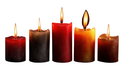 Various candle styles stand lit on a black background, creating a warm and inviting atmosphere during evening hours