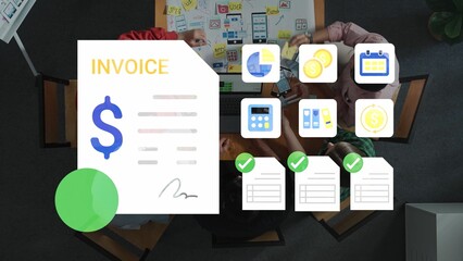 Business team collaborating on invoices and financial documents, emphasizing organization, productivity, and modern technology in a vibrant office environment Gluon.