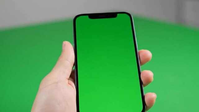 Hand holding modern smartphone with sleek design on green background