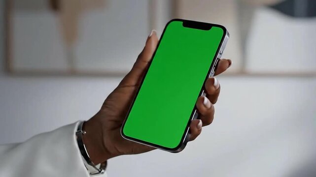 Hand holding smartphone with green screen for chroma key video content