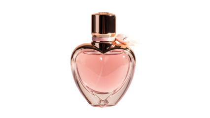 Elegant heartshaped perfume bottle with pink liquid and rose gold cap, isolated on transparent background