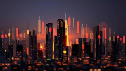 City skyline sunset with abstract financial stock chart overlay, glowing candlestick patterns, vibrant urban atmosphere, economic trends, candlestick chart, and modern metropolis reflecting business - Powered by Adobe
