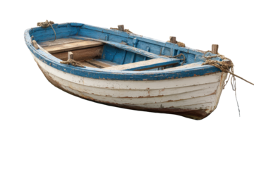 Old wooden boat on water with blue and white paint during bright day