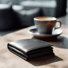 Fototapeta premium Empty wallet beside a coffee cup.