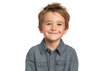 Smiling child with light brown hair seated in front of a plain background