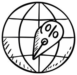 Globe illustration with percentage symbol marker for global sales, discounts, and offers