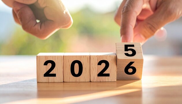 Hand flipping wooden block from 2025 to 2026 on table with scenic mountain background and bright sun.