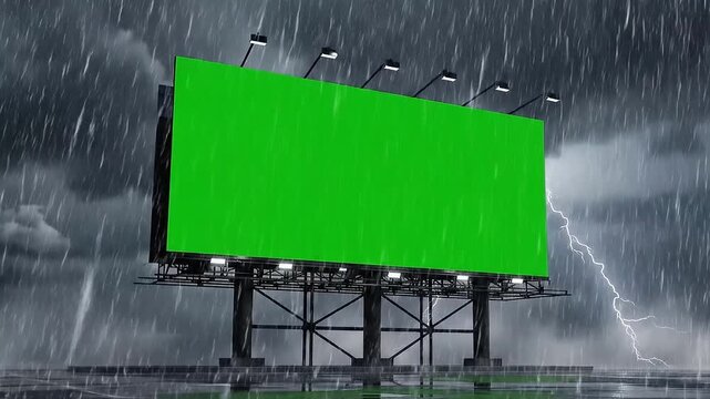 Dramatic stormy night with blank billboard and lightning strike