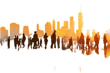 City skyline with people walking during sunset in a busy urban setting