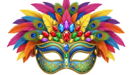 Colorful venetian masquerade mask decorated with bright feathers and sparkling jewels for carnival or mardi gras celebration isolated on transparent background