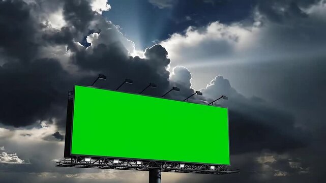 Dramatic green billboard under stormy sky with bright lights