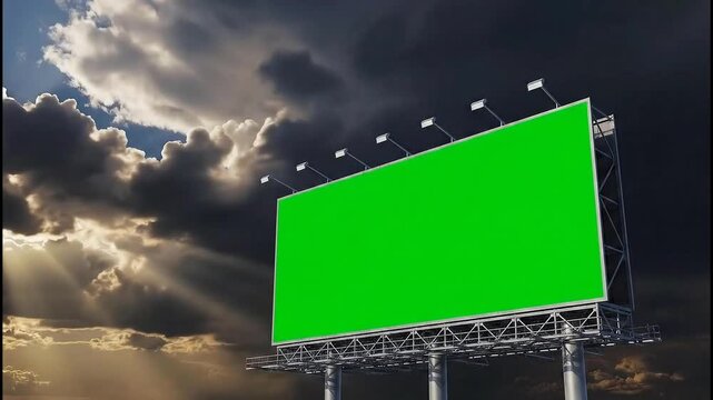 Large green billboard under dramatic cloudy sky with sunlight