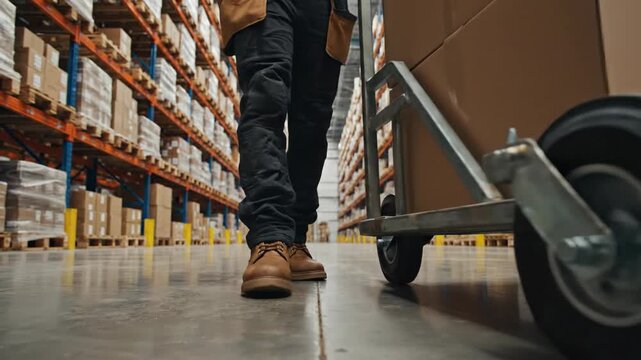 Worker moving boxes with hand truck in warehouse storage racks