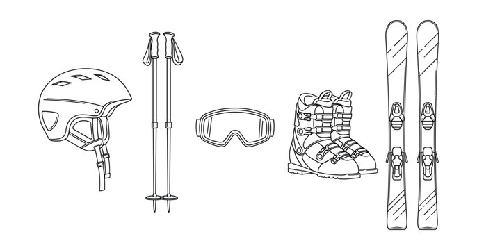 Ski equipment illustration with helmet, poles, goggles, boots, and skis