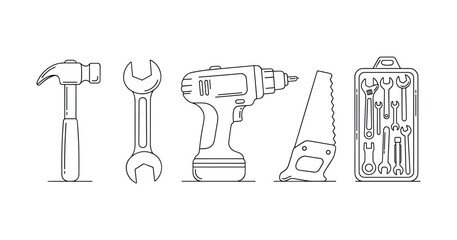 Line art of tools including hammer, wrench, drill, saw, and toolset