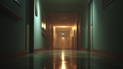 Teal corridor leading to warm light with doors, wooden ledges, and picture frames