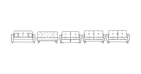 Minimalist line art illustration of modern sofas in various styles
