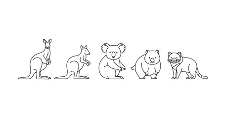 Outline illustrations of australian animals: kangaroo, koala, wombat, tasmanian devil, bilby