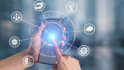 Fototapeta premium AI Assistant Brain Processor with LLM Technology, Big Data, Machine Learning, Generative AI for Business Support, Future Agentic AI Technology and Artificial Intelligence Prompt Engineering. Spire