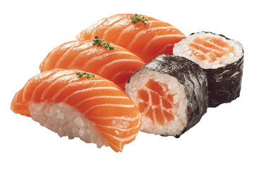 Fresh salmon sushi and rolls on a simple white background ready for serving at a dining table or restaurant