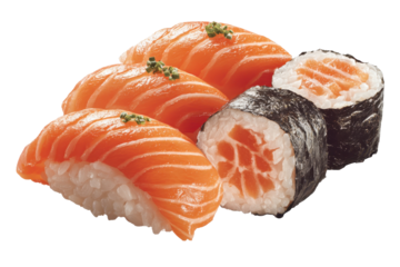 Fresh salmon sushi and rolls on a simple white background ready for serving at a dining table or restaurant
