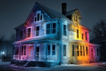 A vintage wooden house covered in snow illuminated by colorful lights at night, creating a whimsical atmosphere.