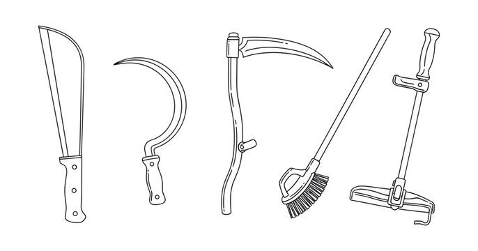 Line art of farm tools: machete, sickle, scythe, brush cutter, clamp