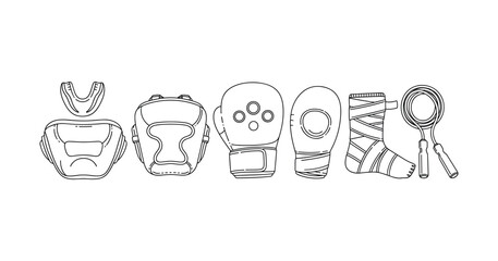 Boxing gear sketch: gloves, helmet, mouthguard, wraps, jump rope, pads
