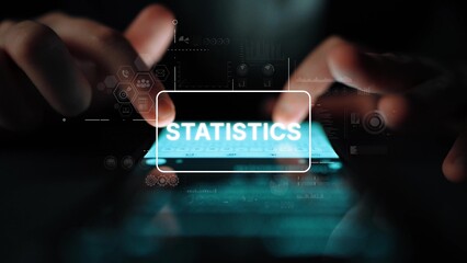 Hands Using Smartphone to Analyze Data with Digital Statistics Interface Displayed on Screen in Dark Environment. Asymptotic smart data analytic.