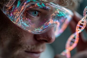 A scientist with safety glasses inspecting a DNA molecule with an innovative, colorful, futuristic approach to genetic research.
