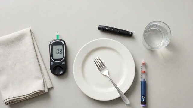 Diabetes management tools with plate, cutlery, and water glass  