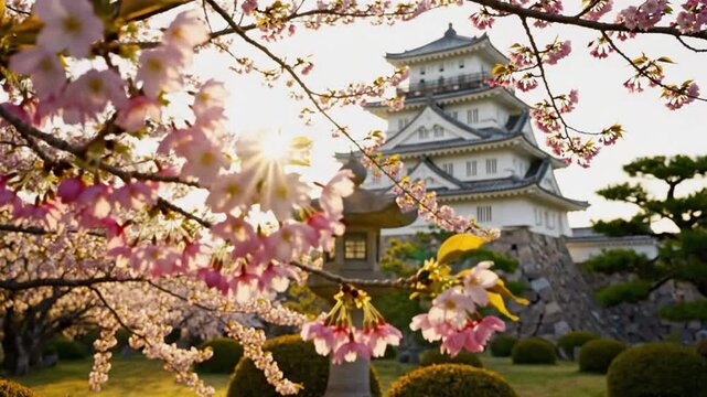 Japanese castle framed by cherry blossoms in spring with a lantern, creating a serene and picturesque landscape.